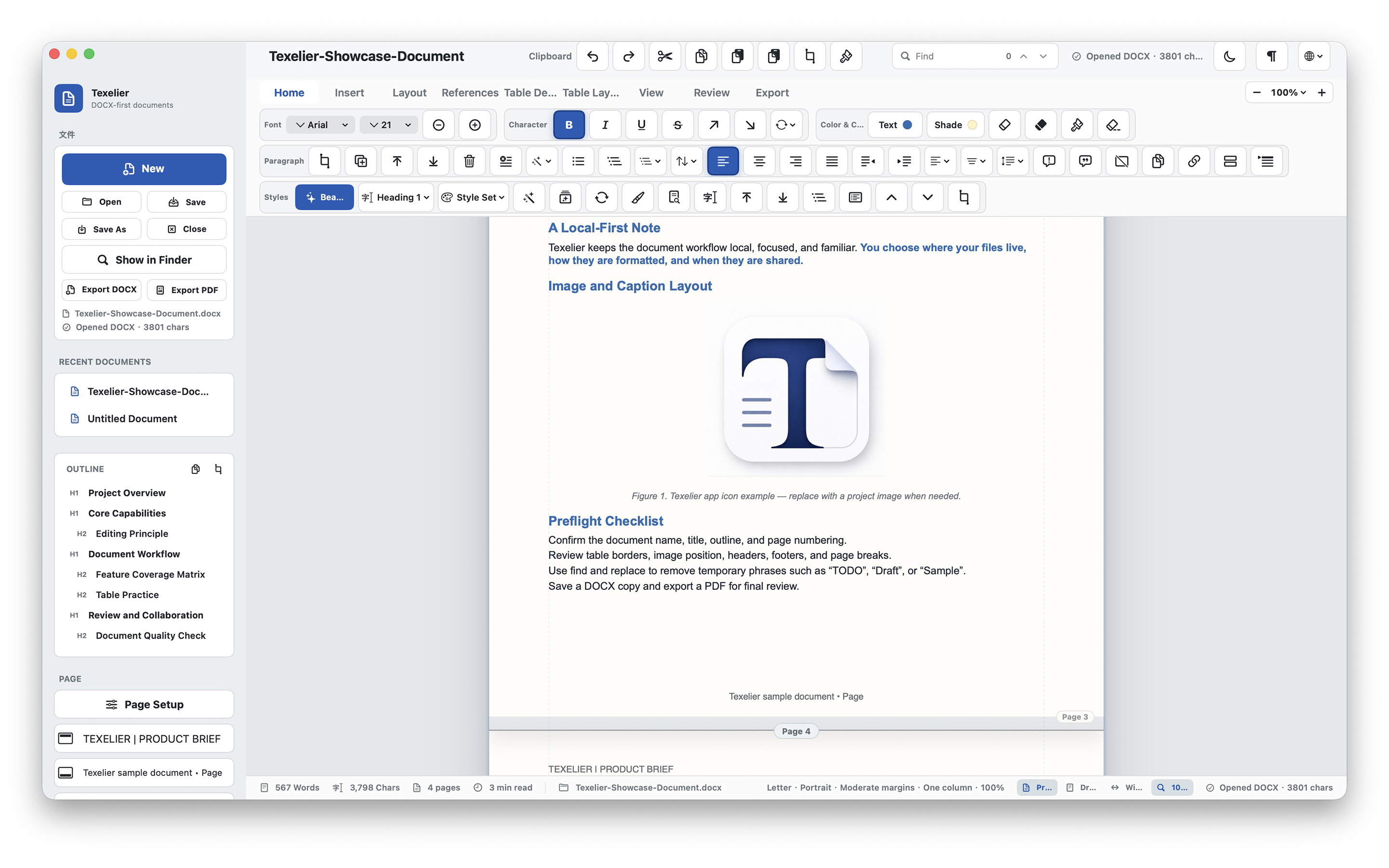 Texelier document editor showing the toolbar, outline sidebar, and a formatted DOCX document